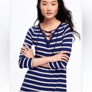 Old Navy - Striped Laced Front Blue and White Long Sleeve Shift Dress - Size XL